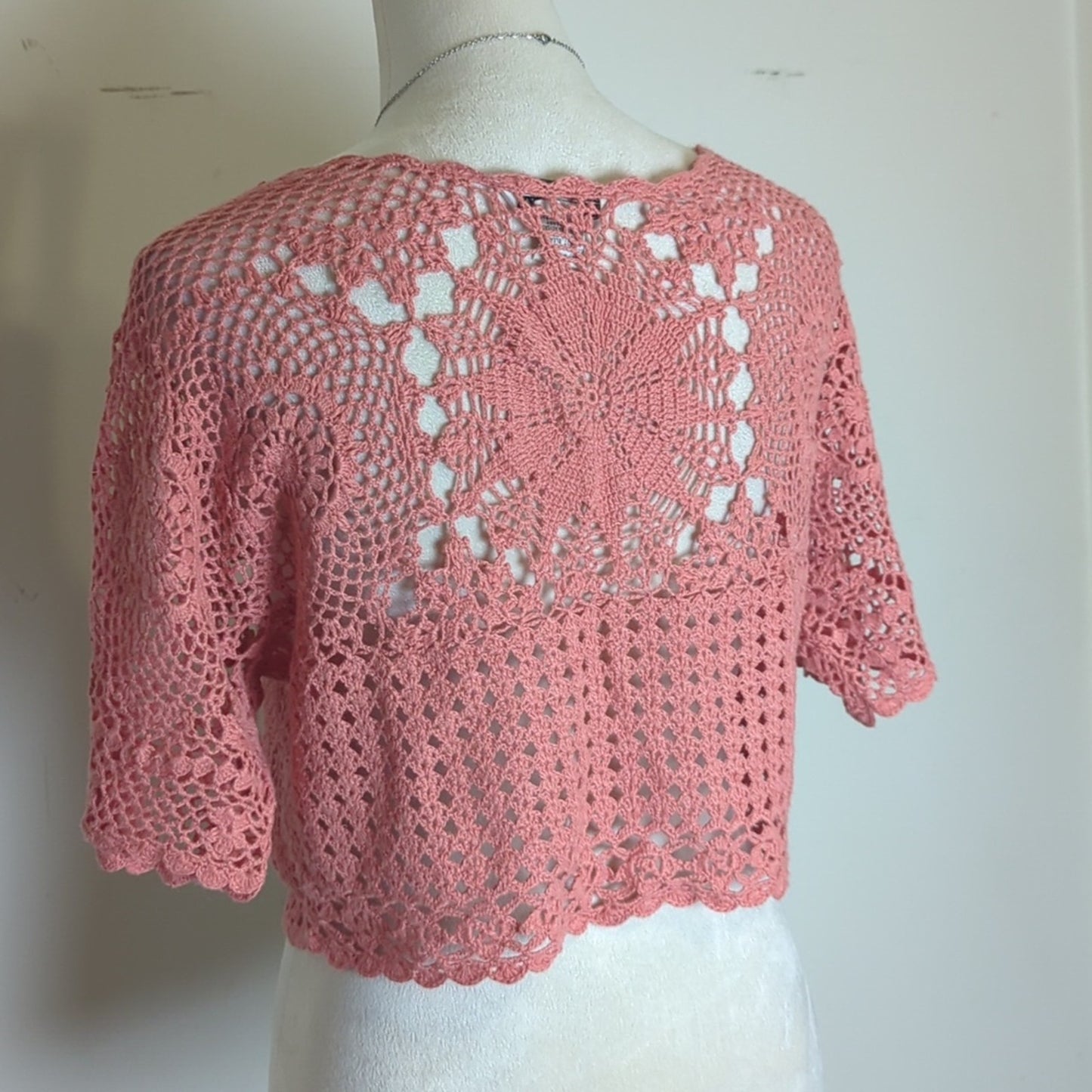 Vintage Crochet Cardigan Top Cropped Open Knit Dusty Rose Romantic Coquette