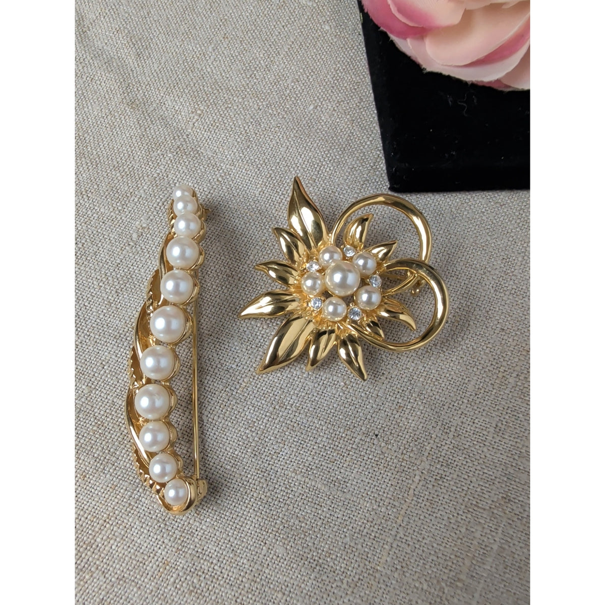 Vintage Gold Tone Faux Pearl Brooch Set of 2 Floral Coquette Romantic Jewelry