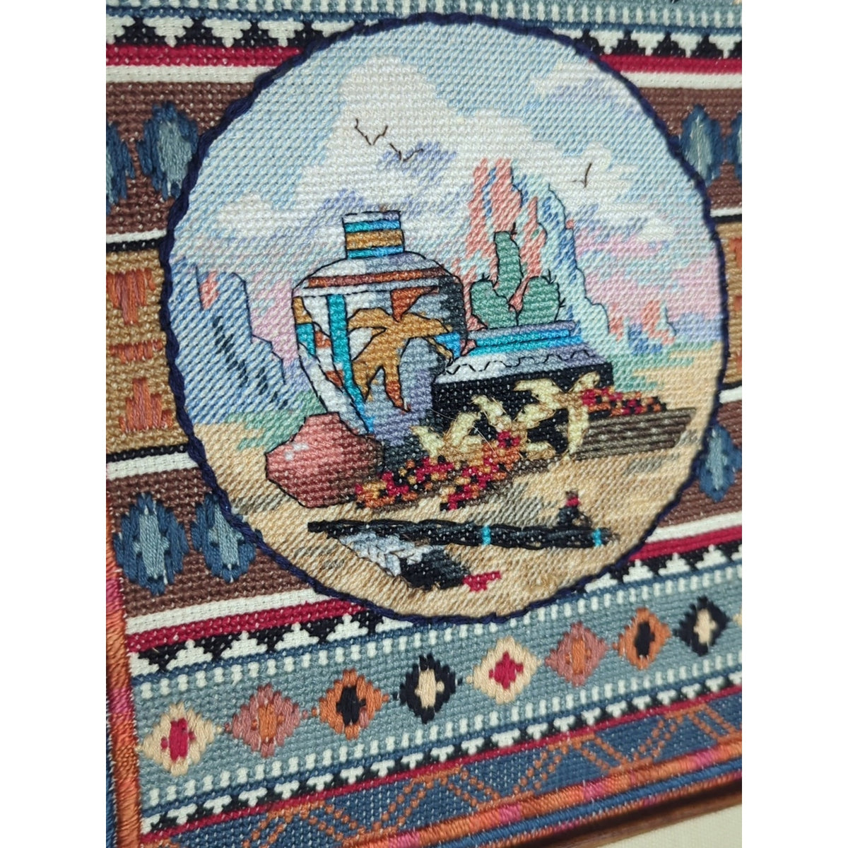 Vintage Southwestern Needlepoint Art Desert Still Life Pottery Scene 11x13