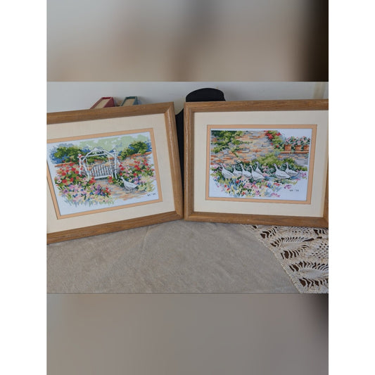 Pair Framed Handmade Cross Stitch Garden Scenes Cottagecore Wall Decor