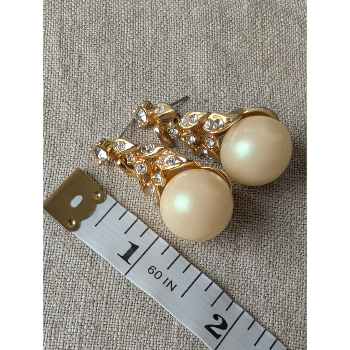 Vintage 80s 90s Faux Pearl Rhinestone Drop Earrings Gold Tone Statement Glam