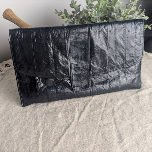 Vintage Black-ish Navy Skin Clutch Wallet | 80s Exotic Leather Evening Bag