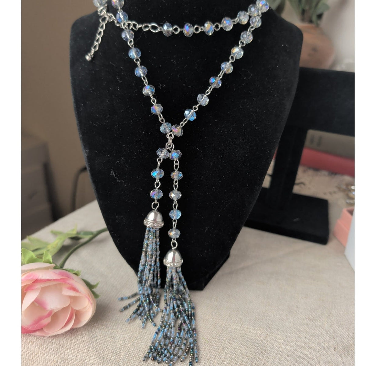 Beautiful Icy Blue AB Crystal Beaded Necklace Seed Bead Tassels 42"