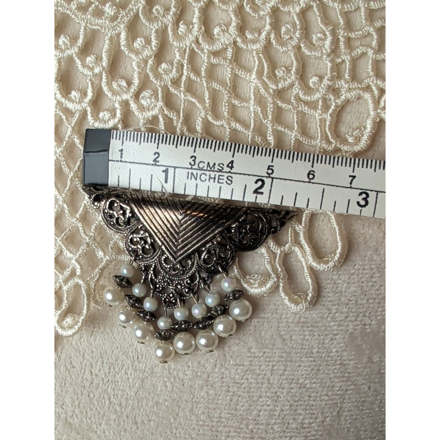 Vintage 90's Filigree Faux Pearl Dangle Brooch Antiqued Tone Victorian Revival