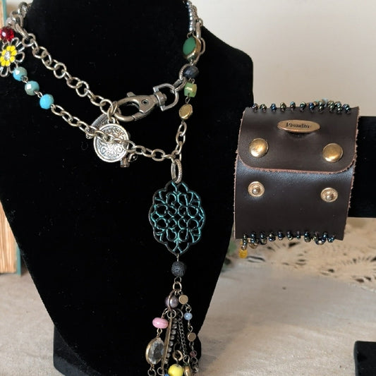 Plunder Boho Charm Necklace & Snap Cuff Bracelet Set Eclectic Festival Jewelry