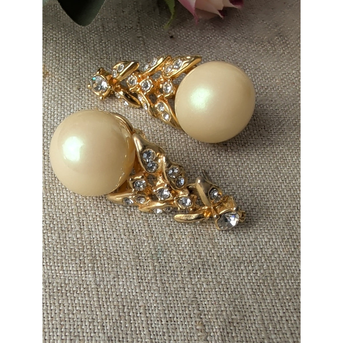 Vintage 80s 90s Faux Pearl Rhinestone Drop Earrings Gold Tone Statement Glam