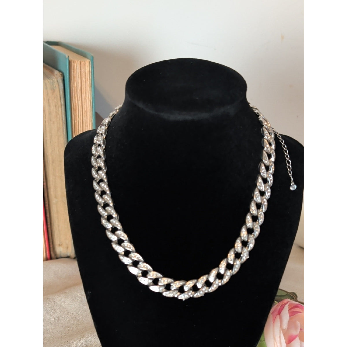 Y2K Rhinestone Cuban Link Necklace  Silver Tone Glam Chain  Pavé Crystal Detail