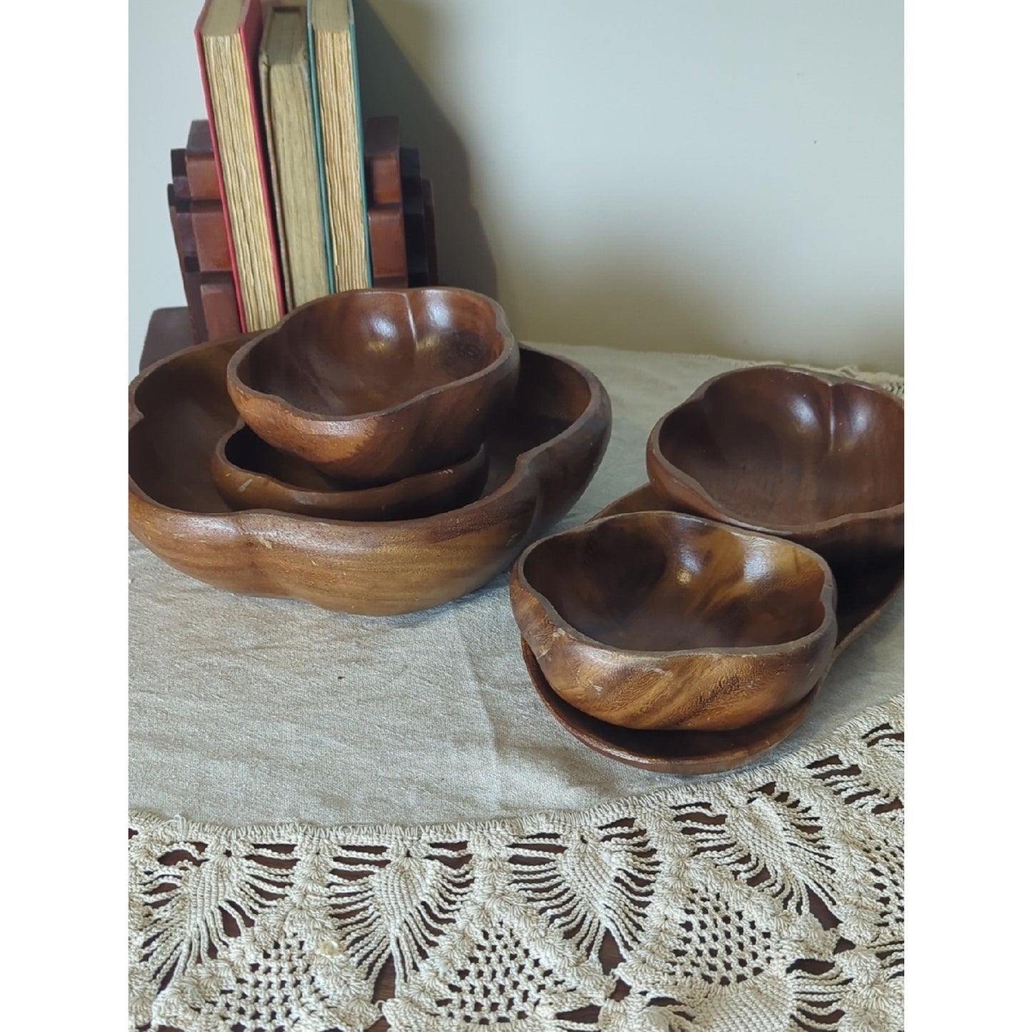 Vintage Monkey Pod Wood Serving Set 6 Pc Hand Carved Bowls + Platter