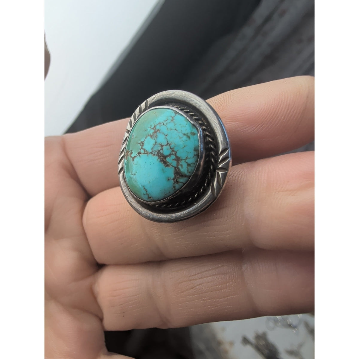 Vintage Navajo Sterling Silver Turquoise Ring Size 5 Signed Artisan Mark "T" Split Shank