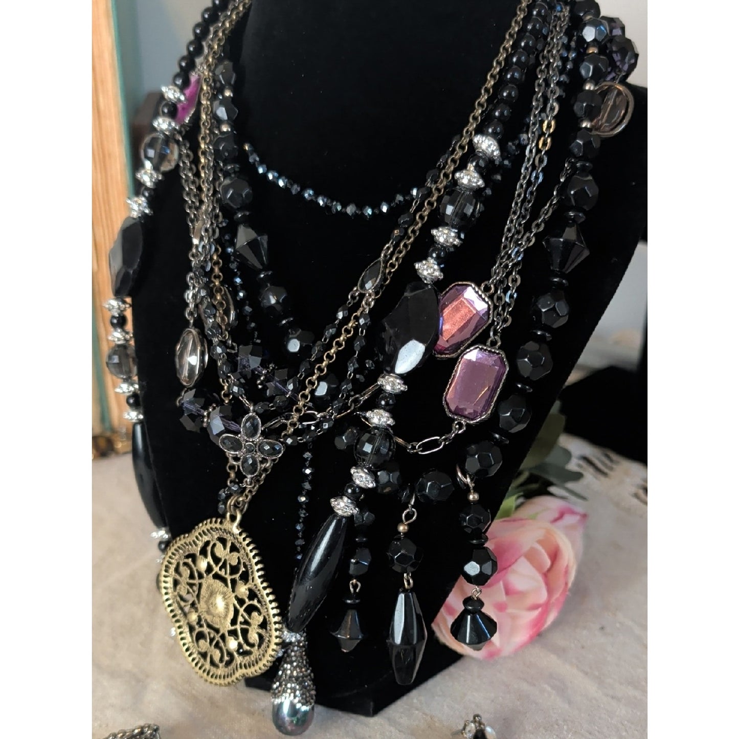 Whimsigoth Dark Romantic Jewelry Lot 6 Necklaces 2 Earring Sets, 2 Stretch Rings