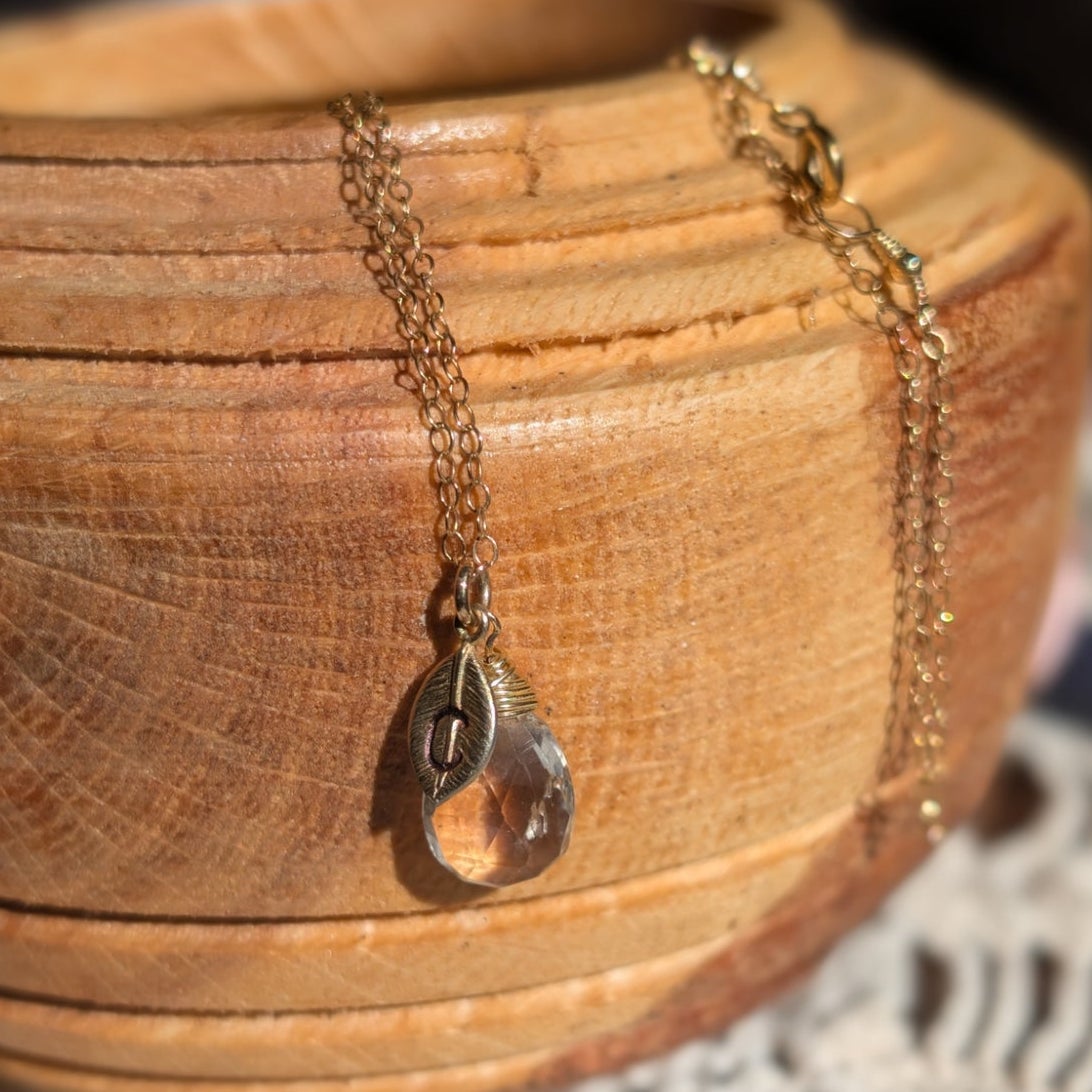 Personalized Clear Quartz Teardrop Necklace  14K Gold Filled Custom Initial Leaf Charm Dainty Bridal & Everyday Jewelry Gift for Her