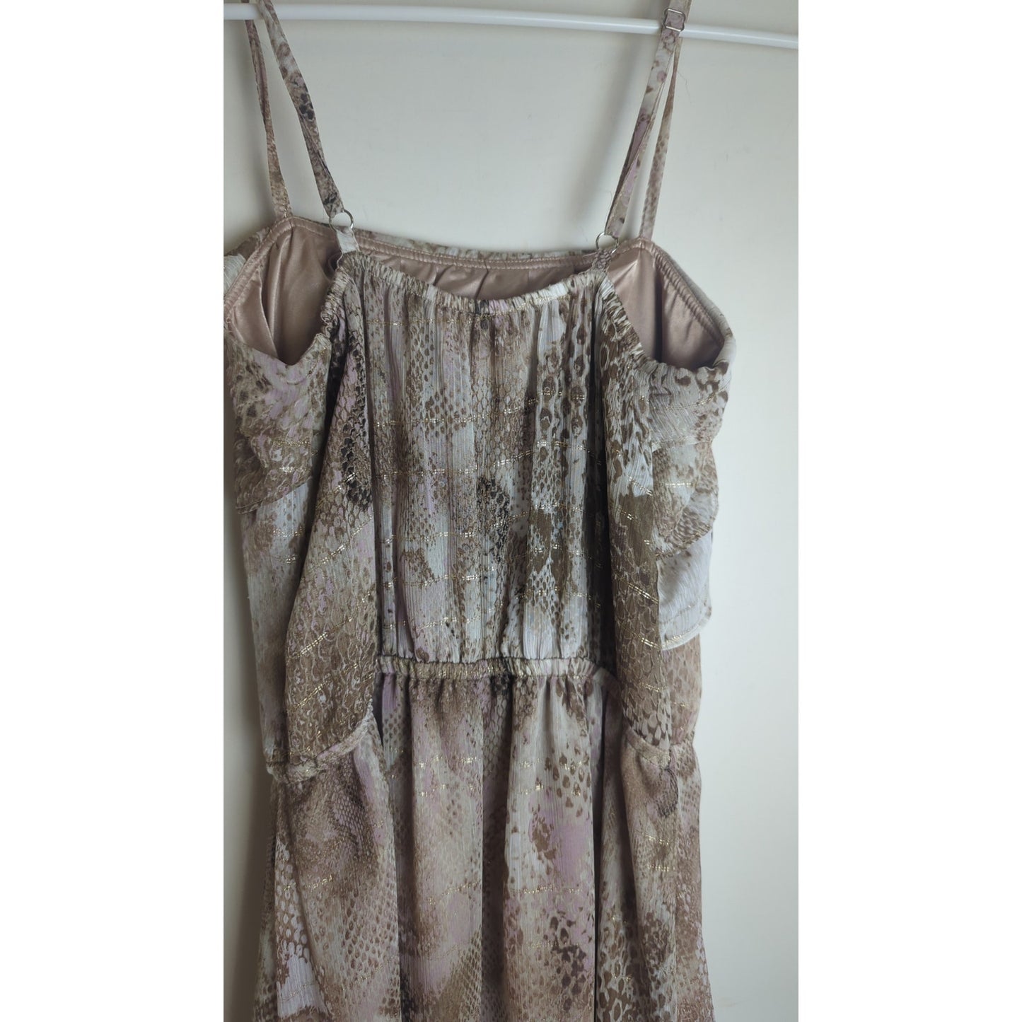 Whimsical Fairycore Maxi Dress Gold Shimmer Asymmetrical Ruffles Women's M