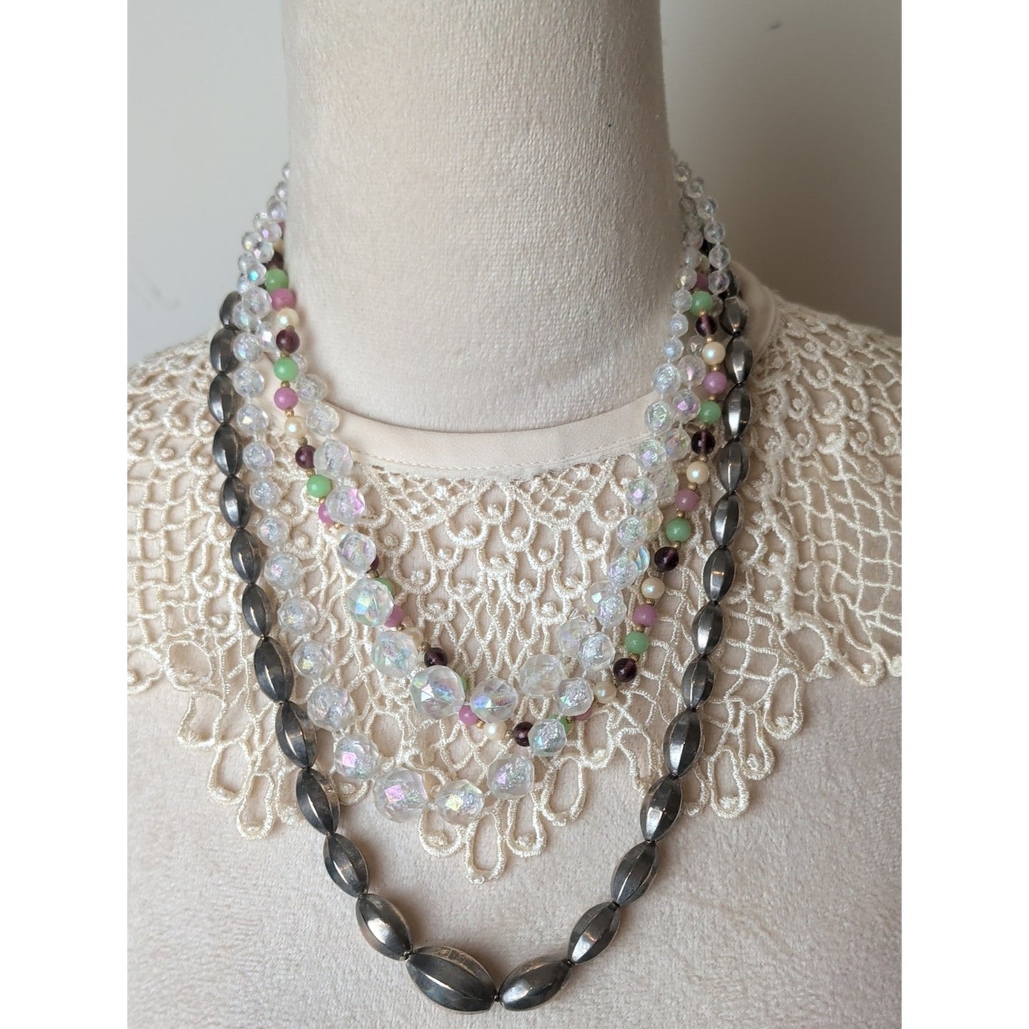 Curated Vintage Layered Necklace Trio Coquette Romantic Glass & Aurua Beads