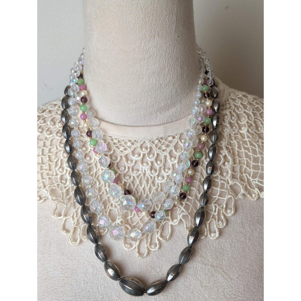 Curated Vintage Layered Necklace Trio Coquette Romantic Glass & Aurua Beads