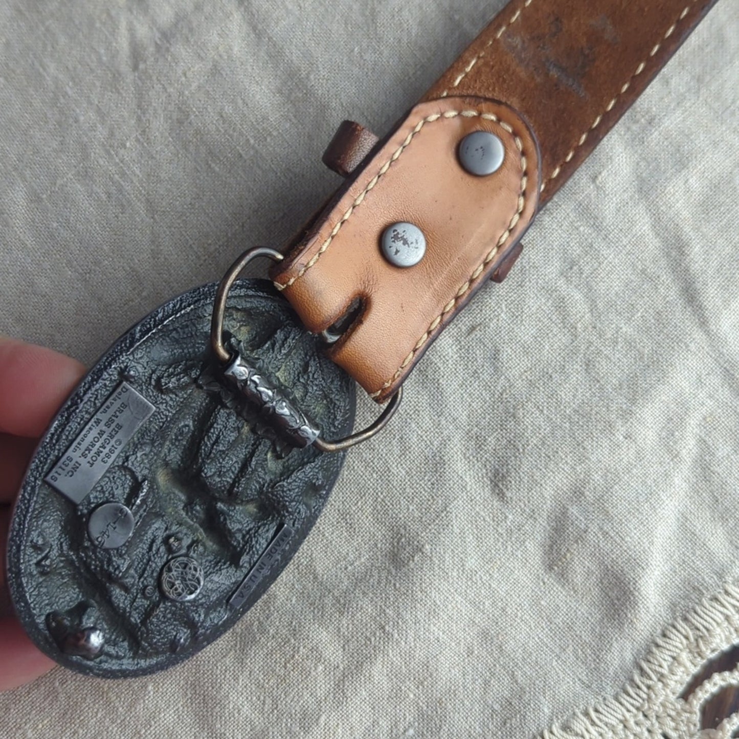 Vintage 1988 Bergamot Brass Works Deer Belt Buckle Embossed Leather Belt Hunting