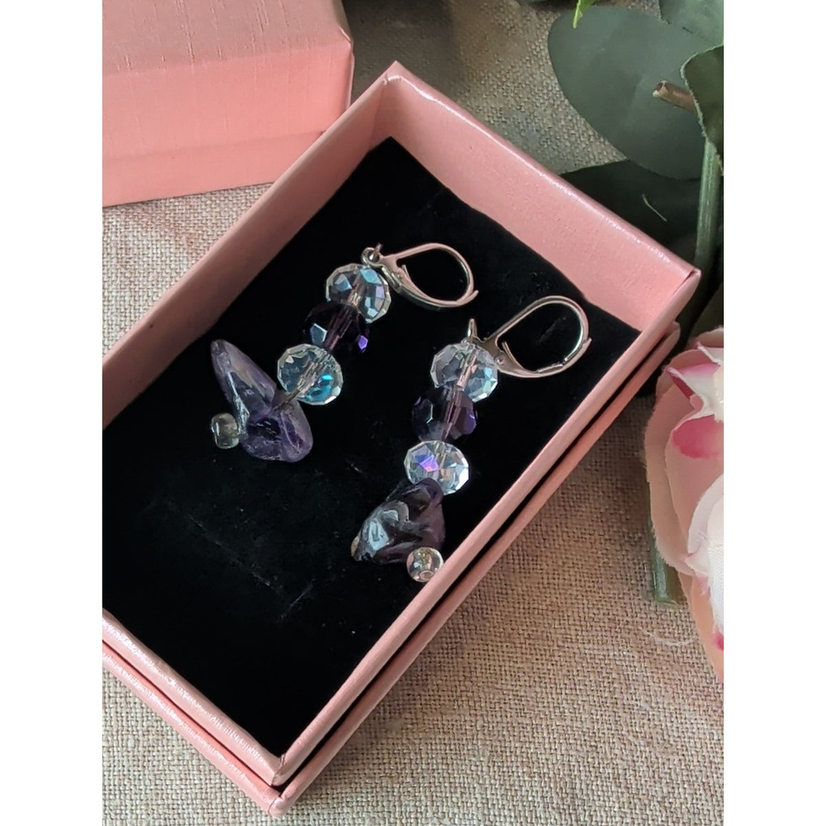 Artisan Sterling Silver Amethyst & Crystal Dangle Earrings