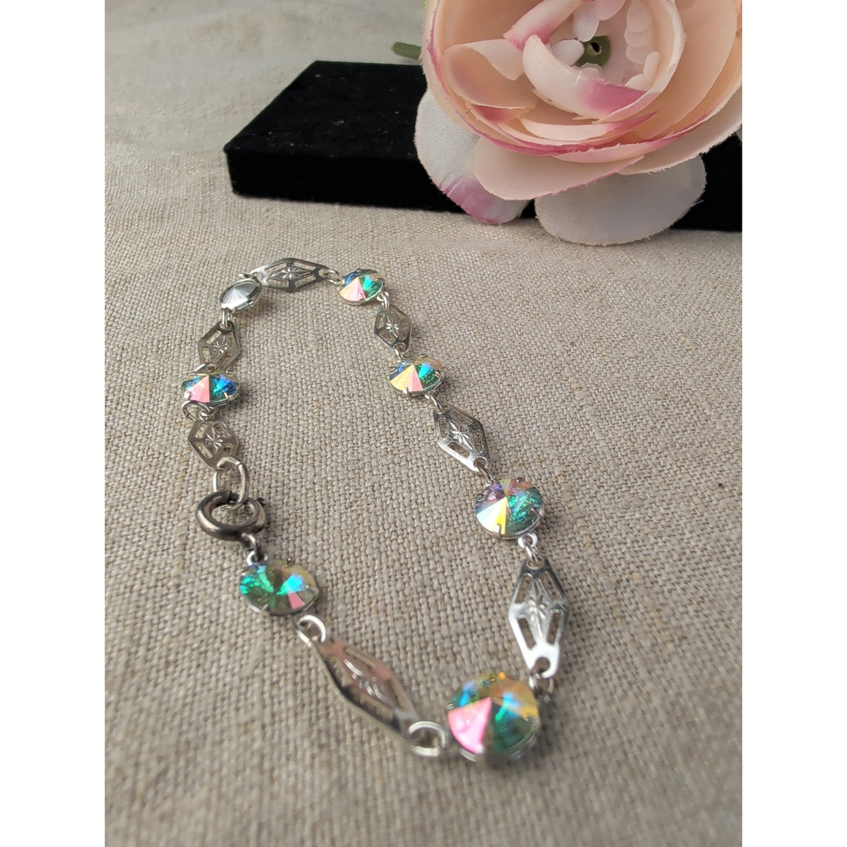 Vintage Mid-Century Sterling Silver Filigree Bracelet Aurora Borealis Crystals