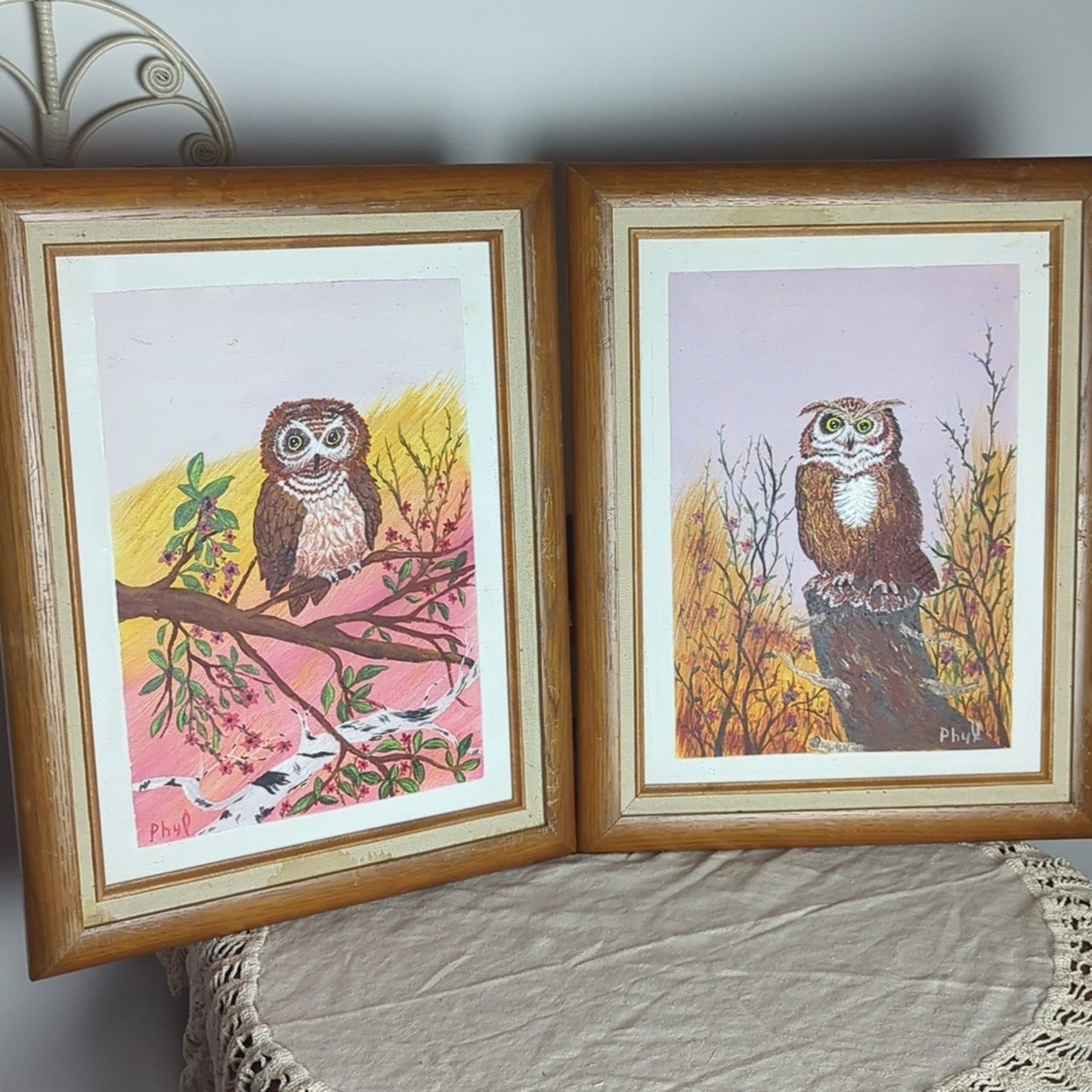 Vintage 1992 Owl Painting Set Papa & Mama Owl Acrylic Art Folk Woodland Cottage