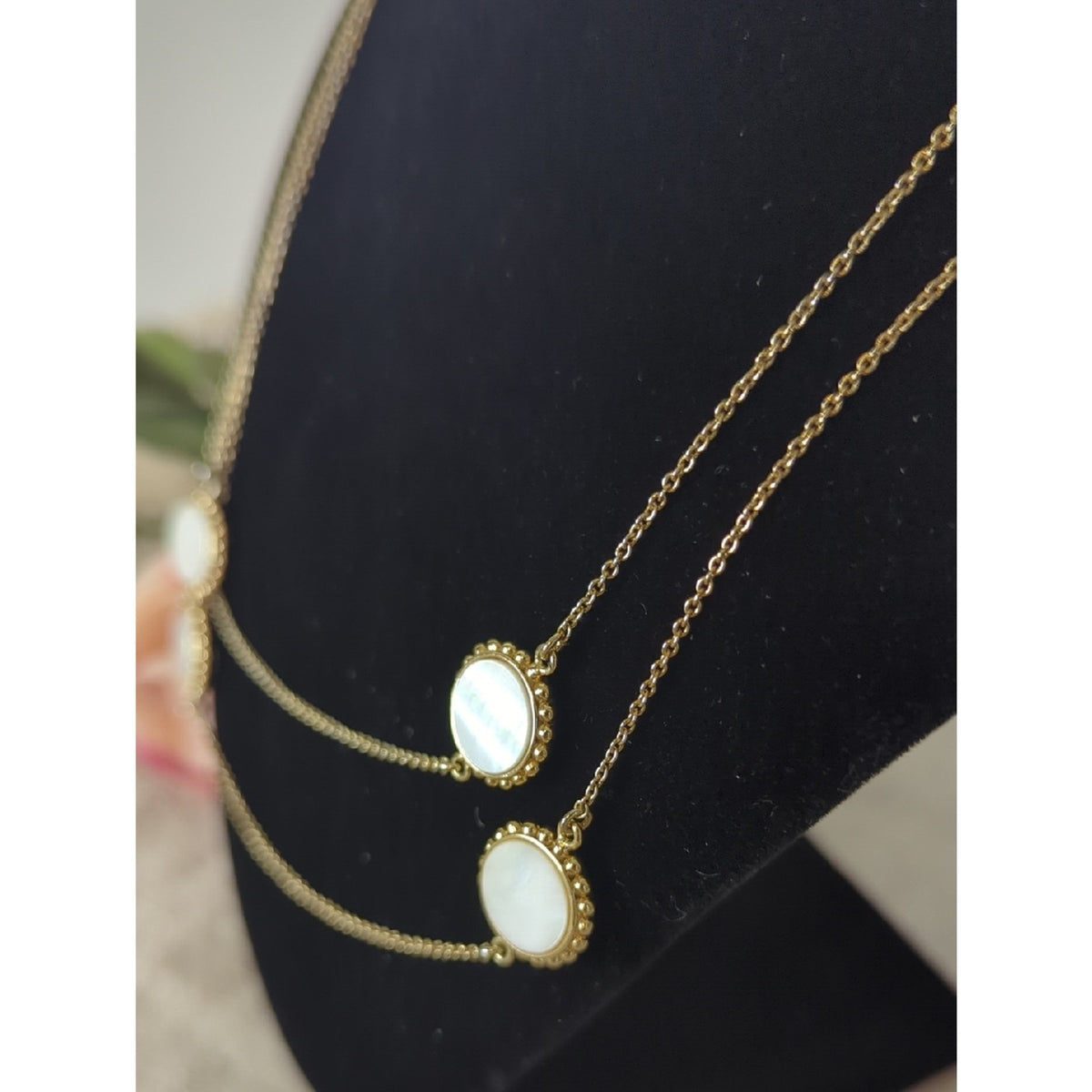 Mother of Pearl Long Layered Gold Necklace, Iridescent Shell Station Coastal