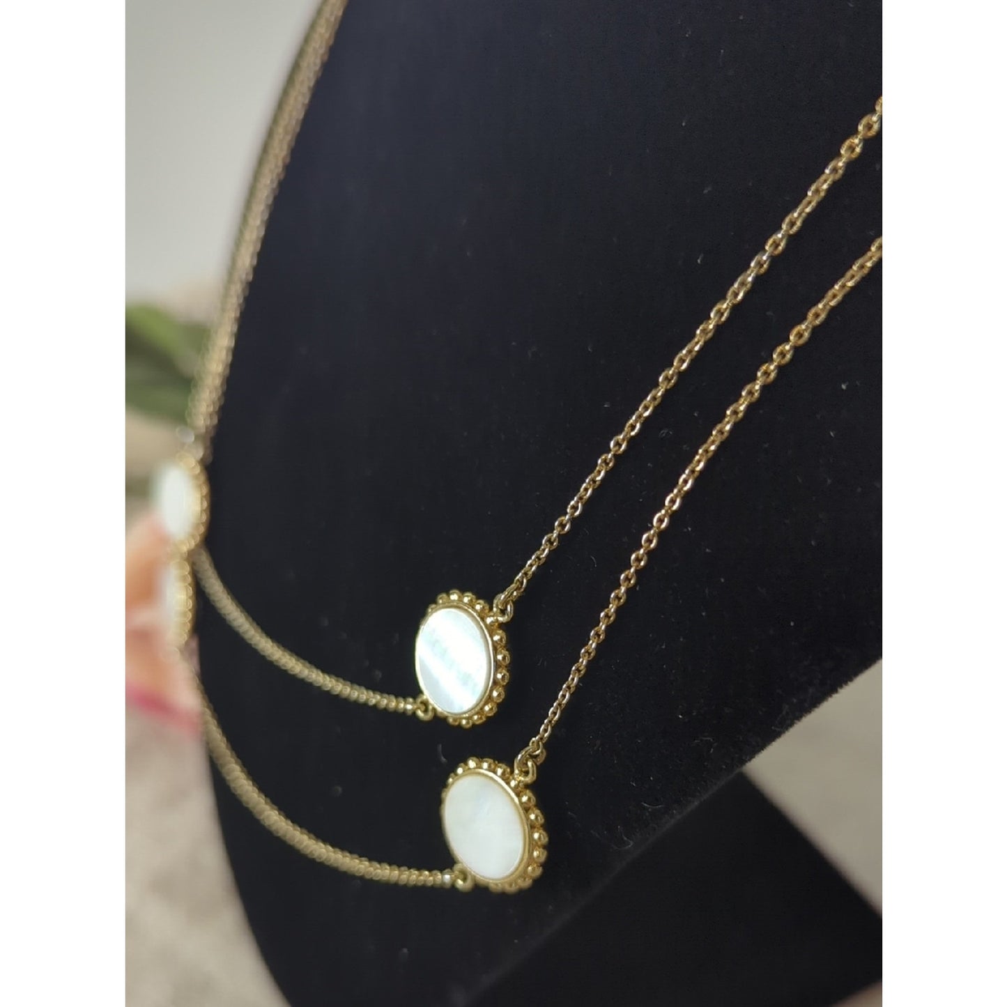 Mother of Pearl Long Layered Gold Necklace, Iridescent Shell Station Coastal