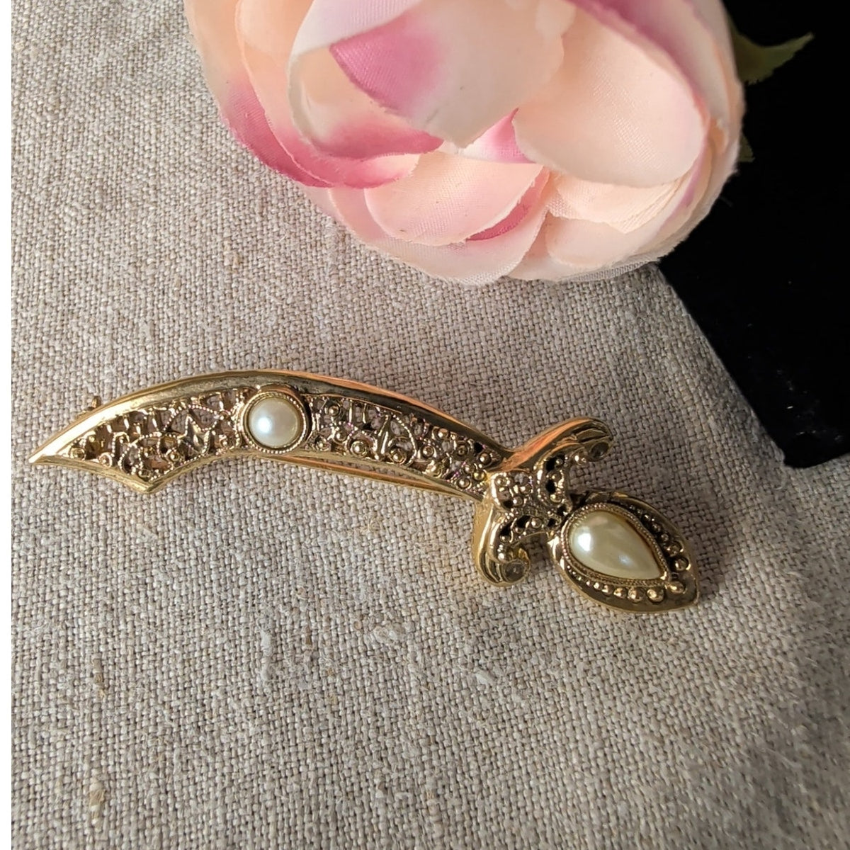 1928 Signed Sword Brooch Gold Tone Faux Pearl Filigree Vintage Style Jewelry