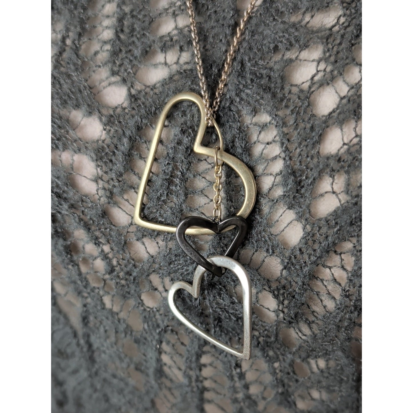 Vintage Fossil Three-Tone Heart Necklace Gold Silver & Gunmetal Hearts Charms