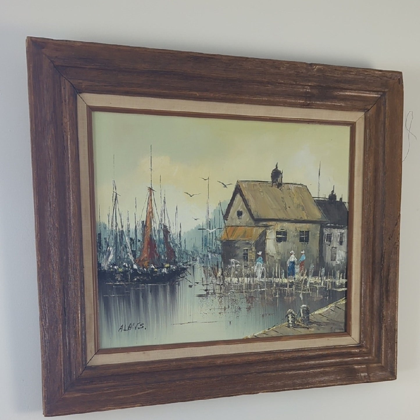 Vintage Harbor Village Oil Painting on Canvas Signed Framed Coastal European