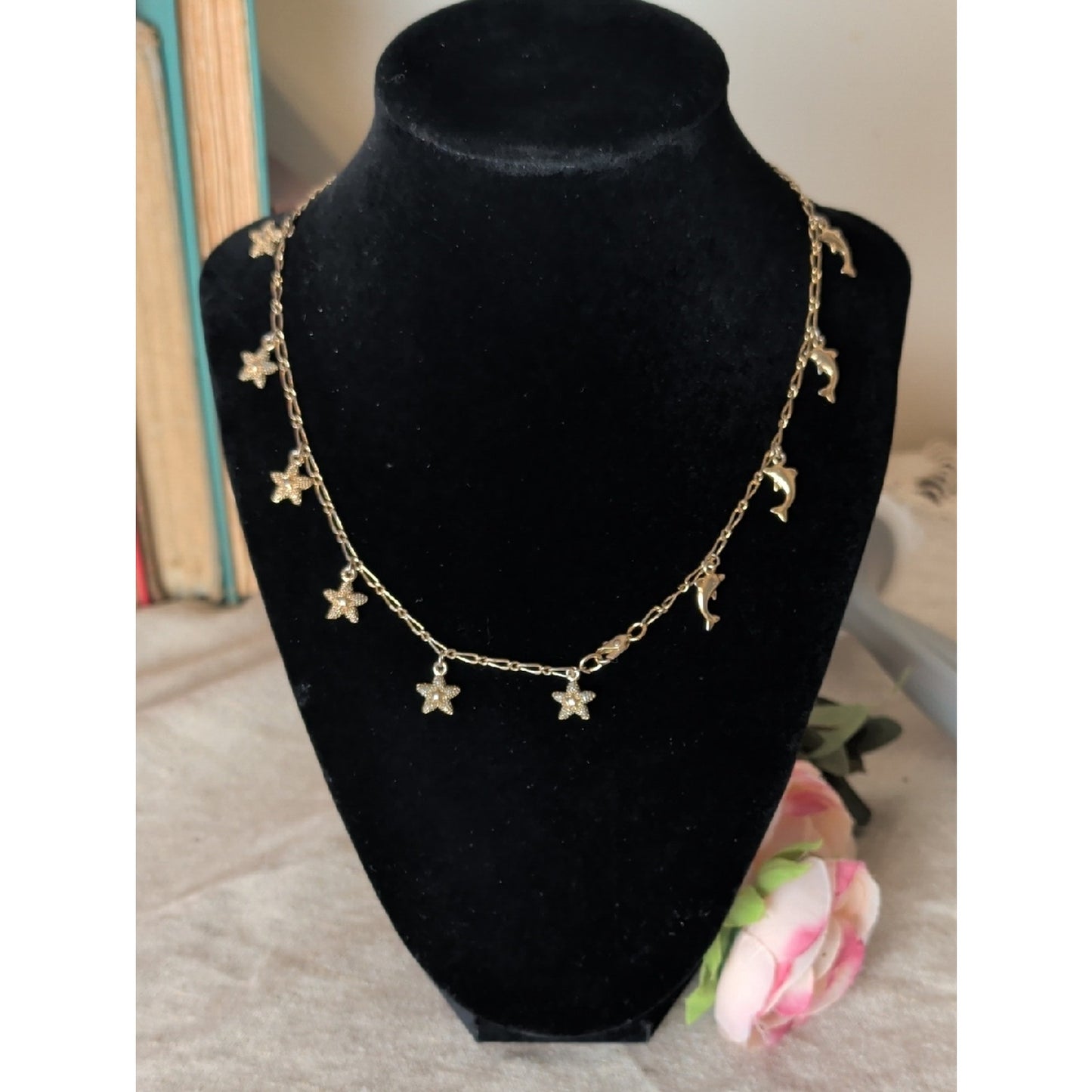Vintage Dolphin & Star Charm Necklace Gold Tone Coastal Y2K Bracelet / Anklet