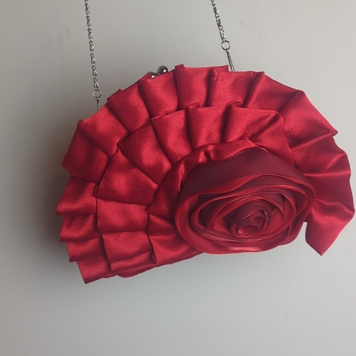 Holiday Red Evening Bag Roset Ruffle Metal Strap Kiss Lock Holiday