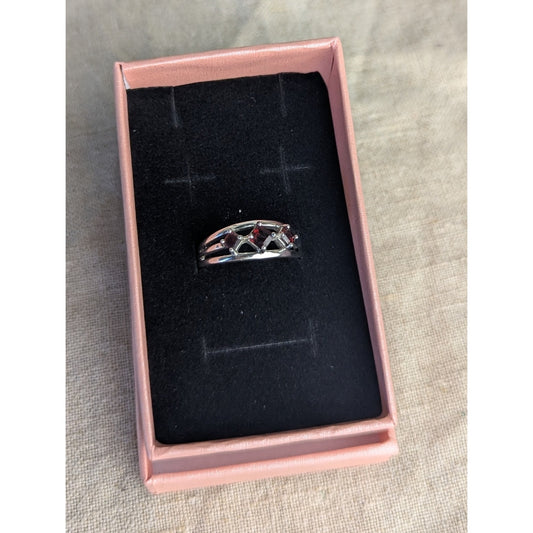 Sterling Silver 925 Red Stone Lattice Band Ring | Geometric Openwork Garnet Tone