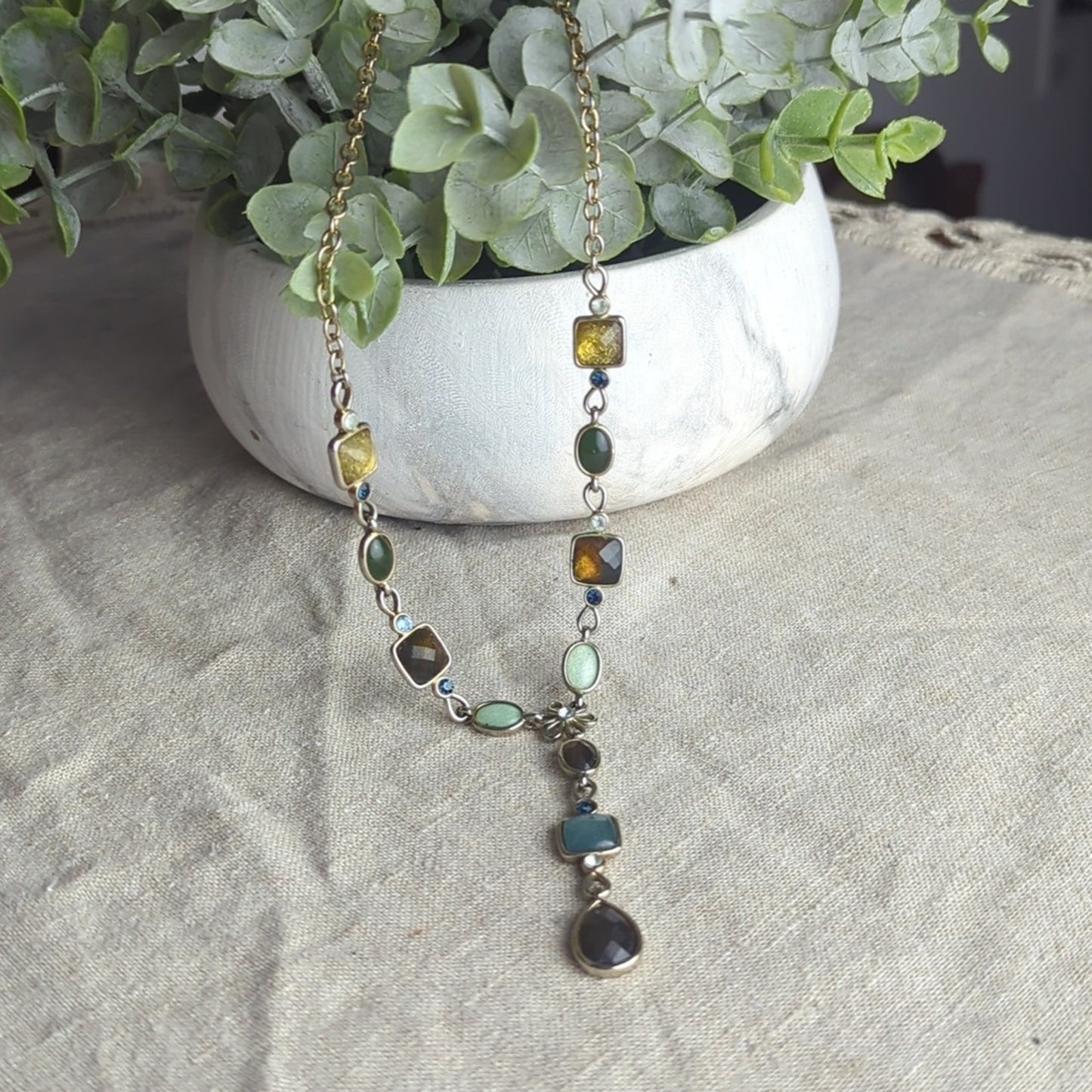Artisan Mixed Stone Y Necklace Boho Earth Tone Statement