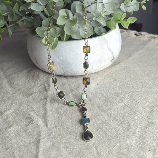 Artisan Mixed Stone Y Necklace Boho Earth Tone Statement