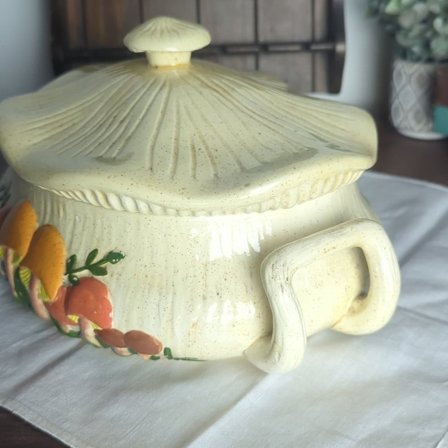 Vintage Storybook Mushroom Covered Serving Dish Large Folk Art Whimsical