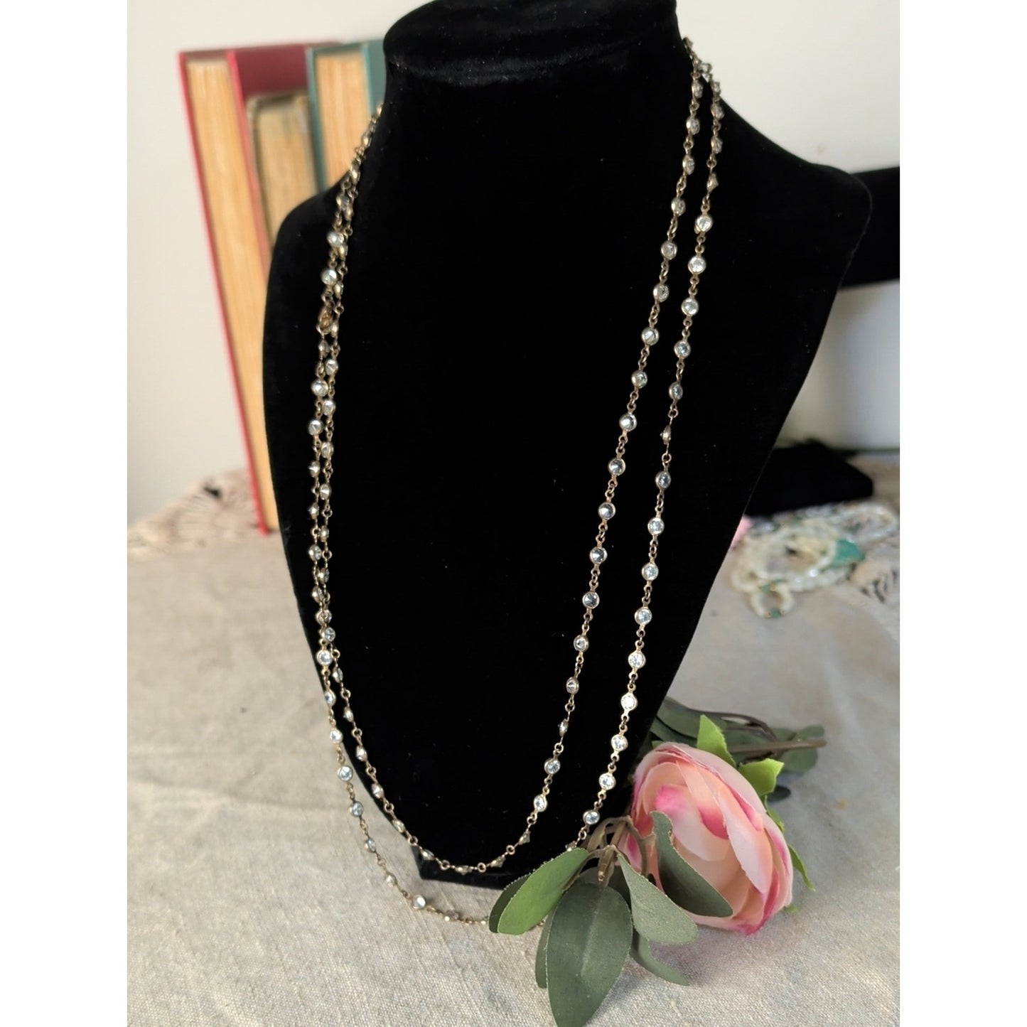 Alainn CZ Gold Tone Opera Necklace  Bezel Set Crystal Station Chain Layering