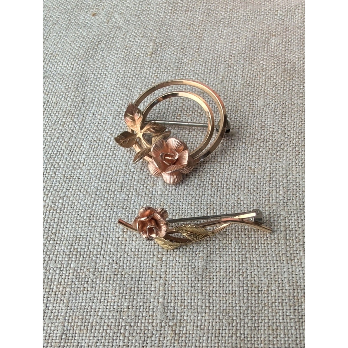 Vintage KREMENTZ Rolled Gold Rose Brooch Pin Set Floral Two Tone Jewelry