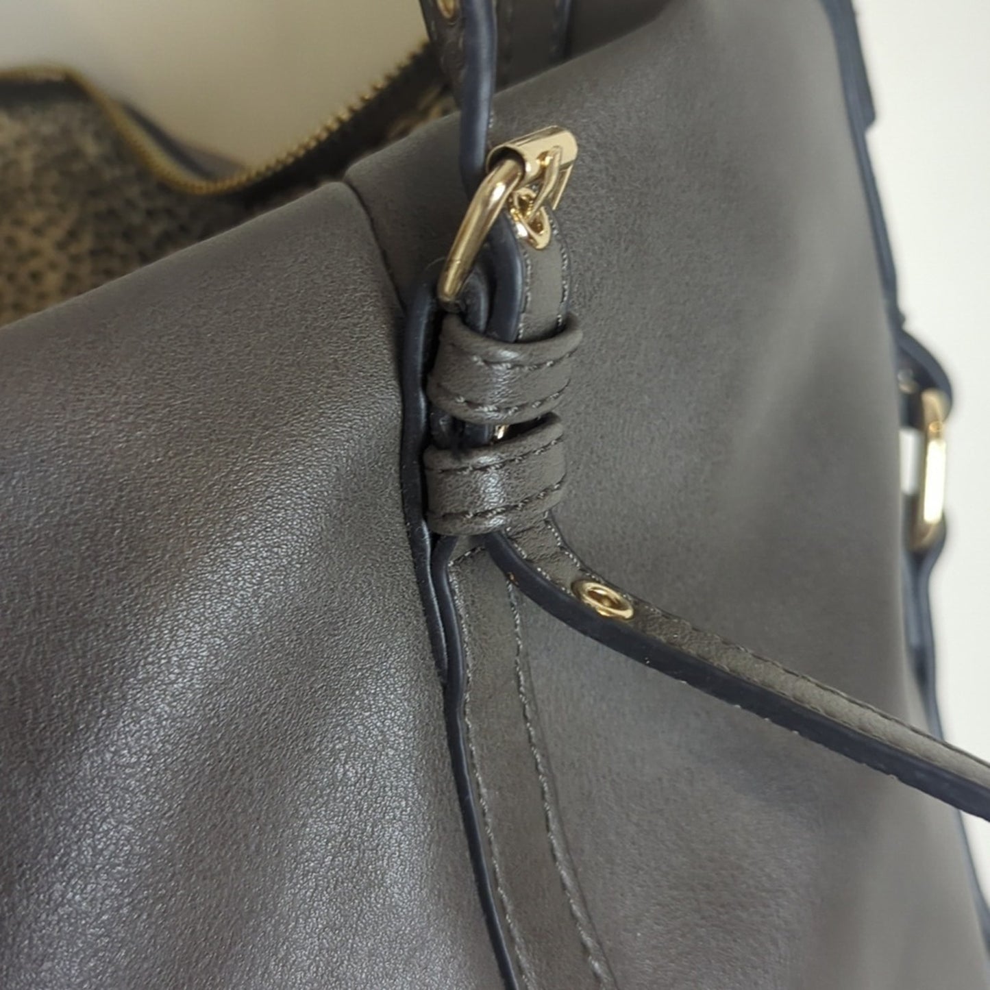 Vegan Leather Shoulder Hobo Bag Tote Charcoal Grey Animal Print Interior