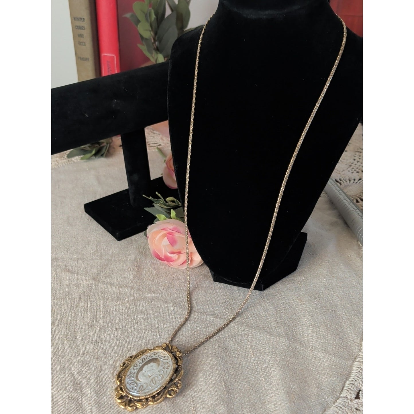 Vintage Reverse Carved Glass Cameo Necklace Brooch Intaglio Victorian Revival