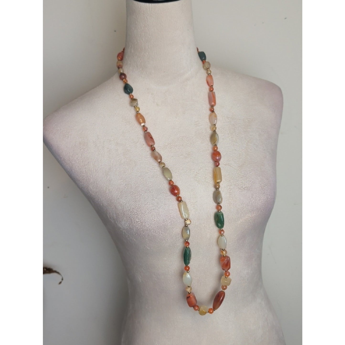 Vintage Natural Stone Beaded Necklace 19" Artisan Agate Aventurine Barrel Clasp