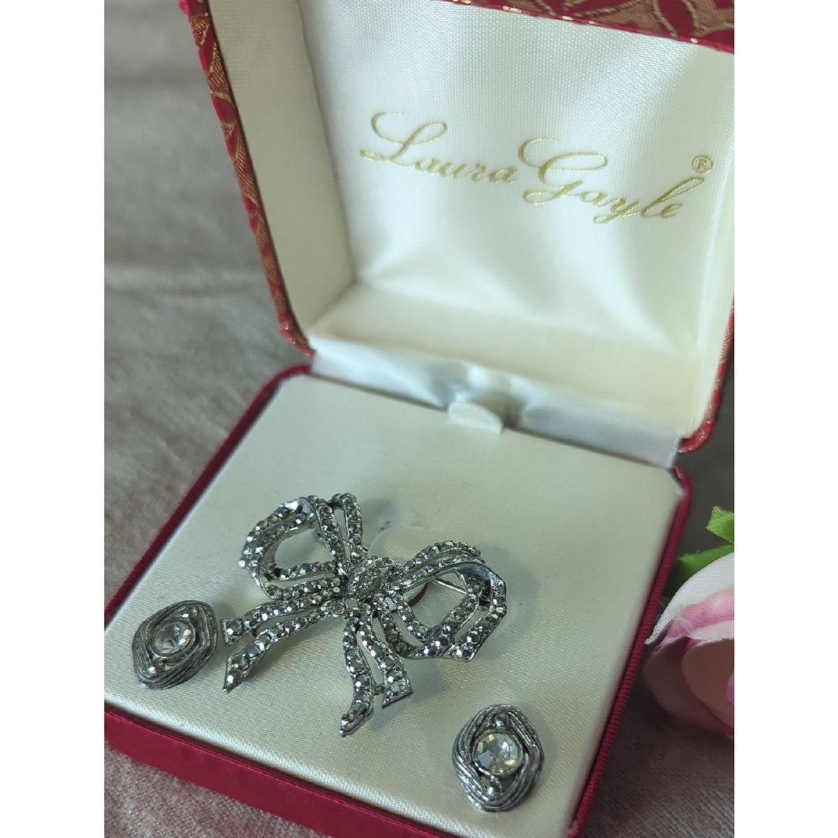 Vintage Laura Gayle Rhinestone Bow Brooch & Earrings 90s Coquette Jewelry