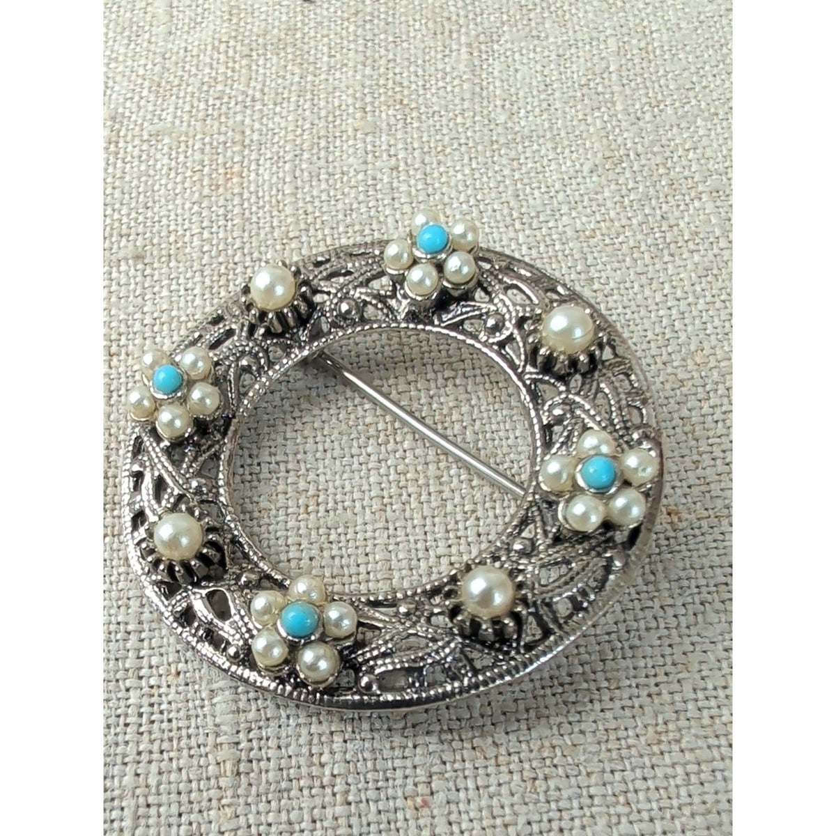 Vintage Faux Pearl Floral Circle Brooch Blue Cabochon Silver Tone Coquette