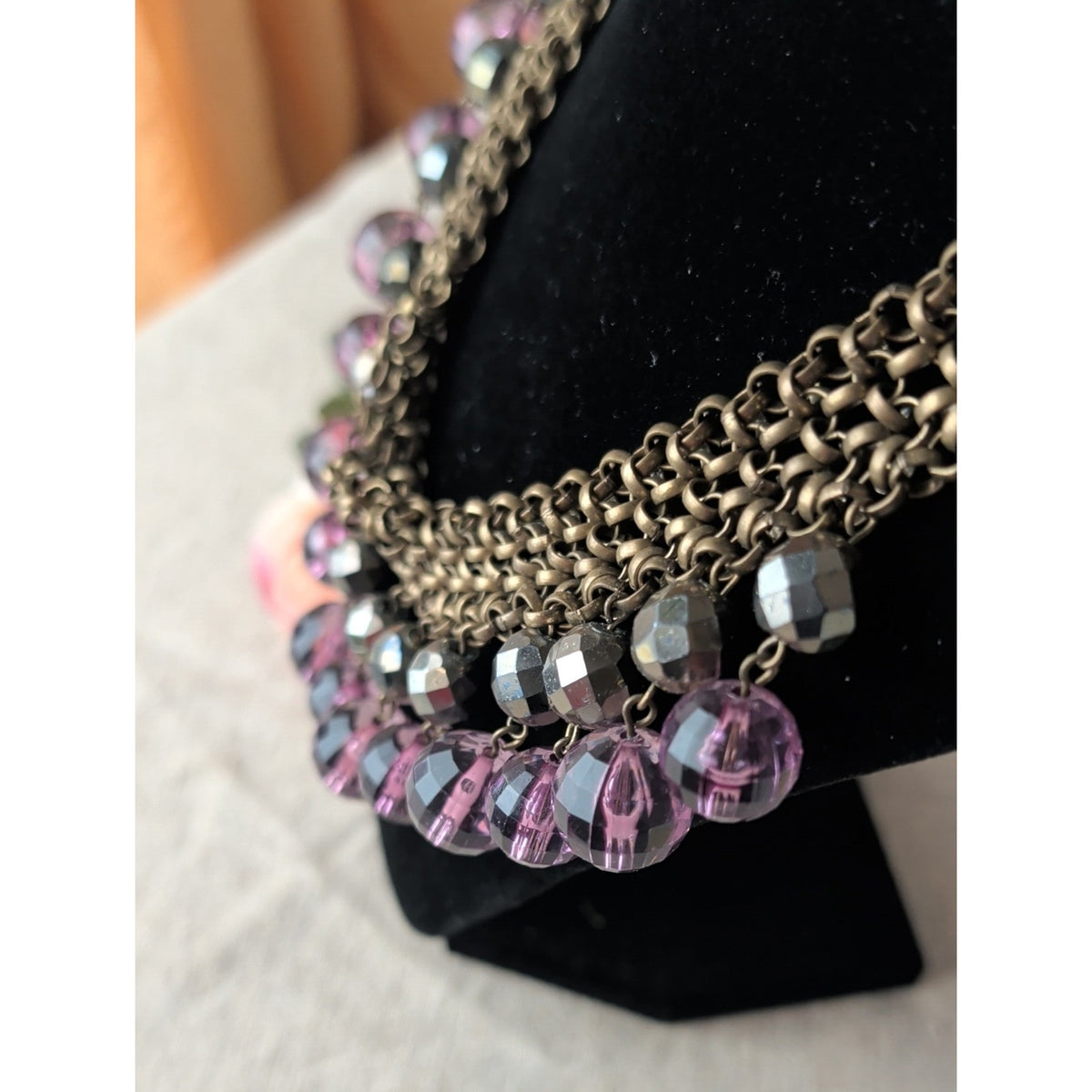 R.J. Graziano Purple Beaded Bib Statement Necklace Antique Brass Chain Boho Y2K