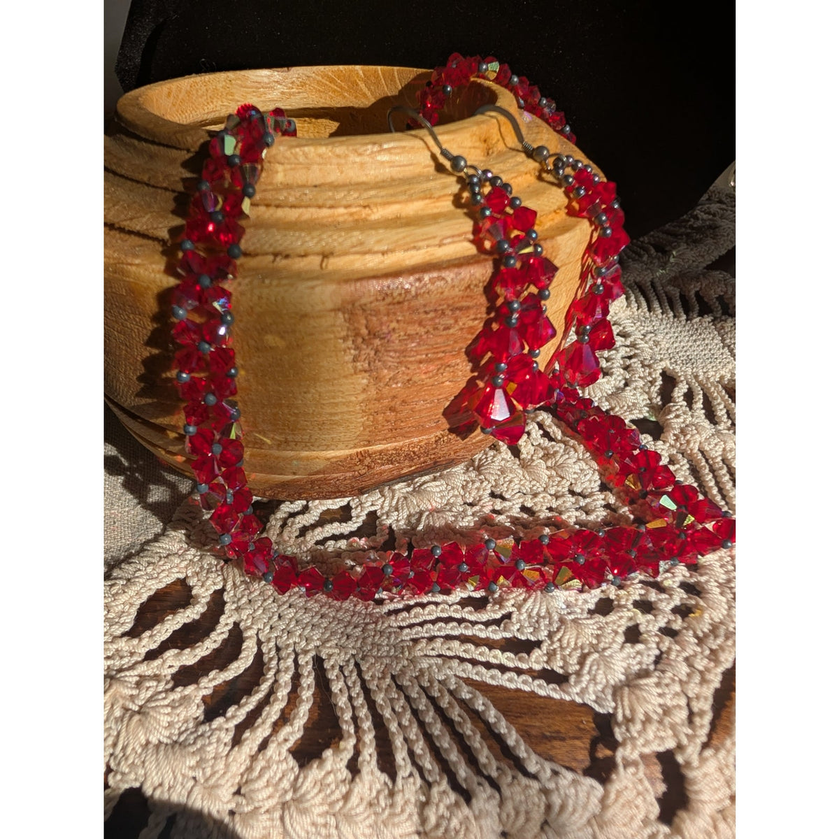 Swarovski Red AB Crystal Demi Parure Set Woven Chevron Necklace Hook Earrings 925