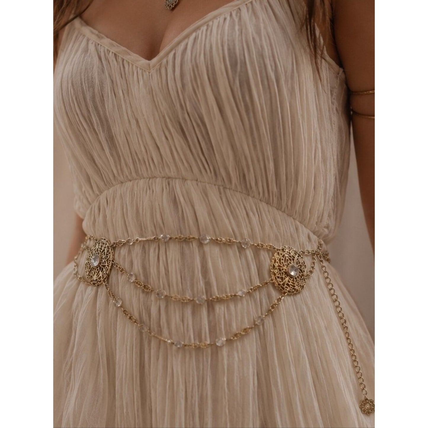 Boho Gold Tone Filigree Crystal Waist Belt Layered Chain Festival Fairycore