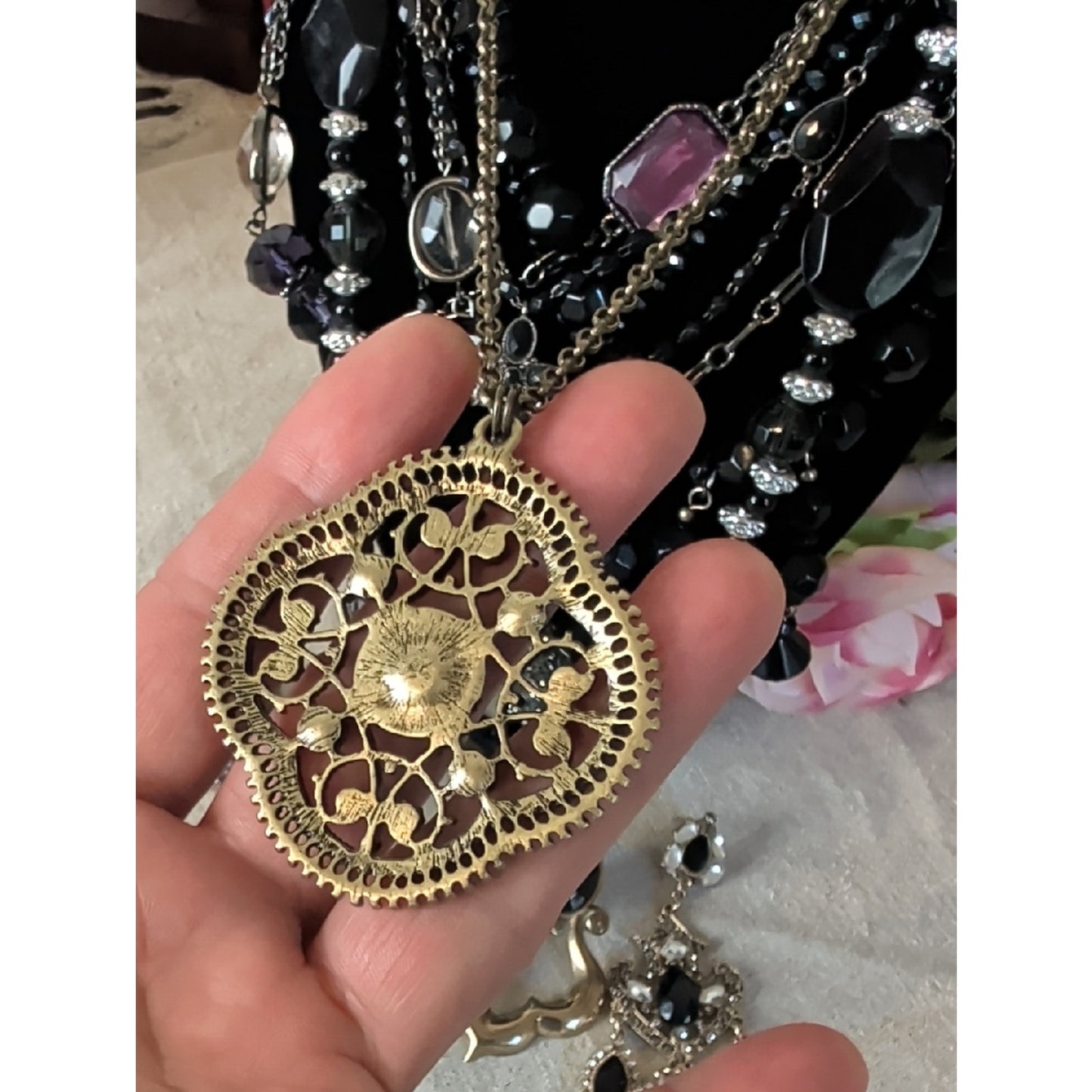 Whimsigoth Dark Romantic Jewelry Lot 6 Necklaces 2 Earring Sets, 2 Stretch Rings