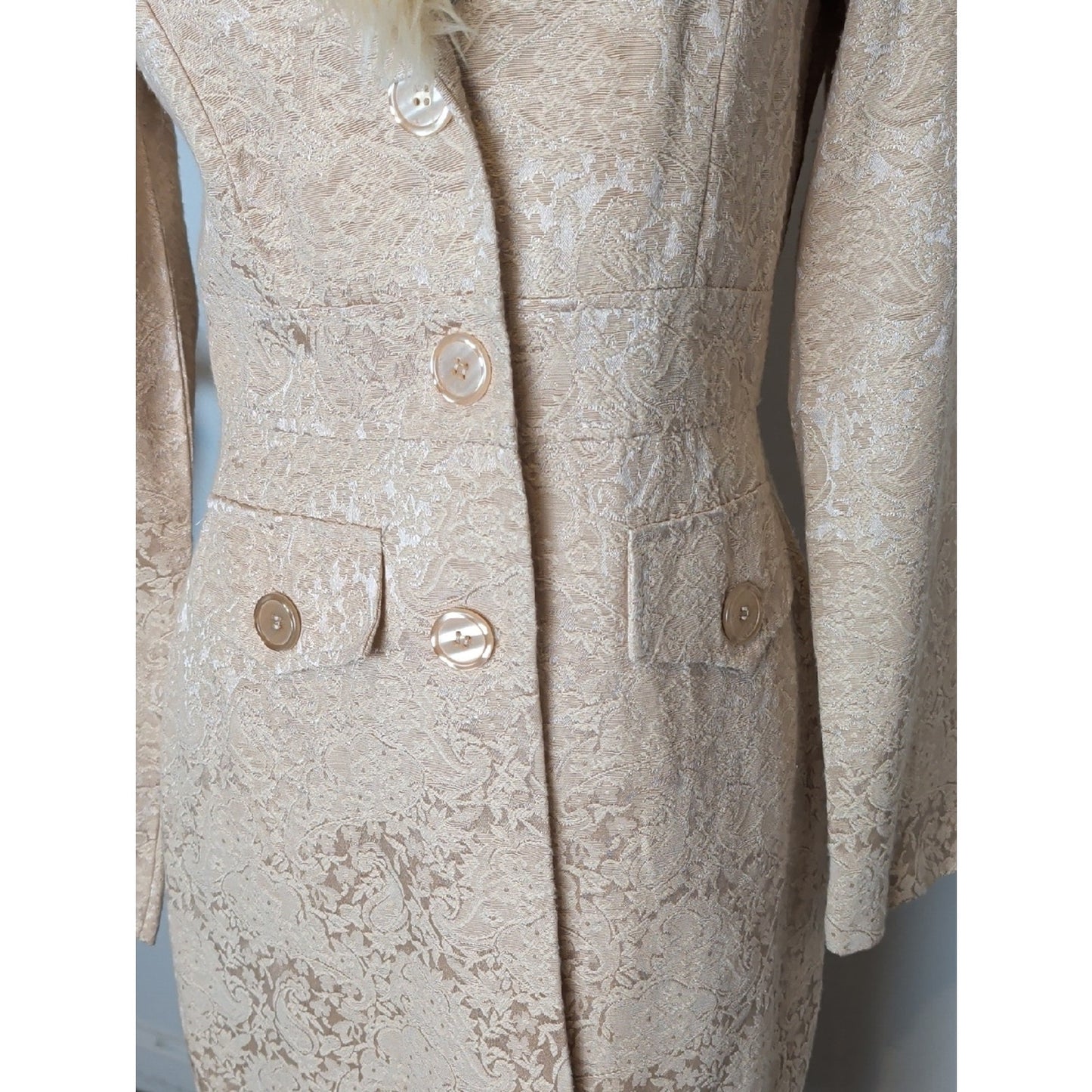 Y2K Cream Brocade Faux Fur Coat  Coquette McBling Holiday Glam Jacket