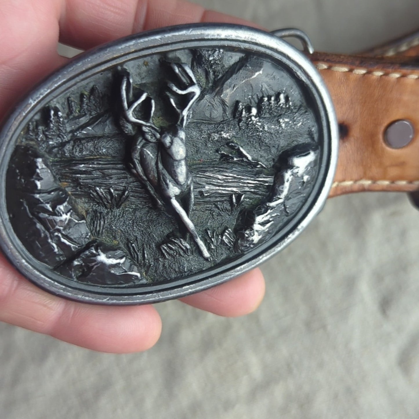 Vintage 1988 Bergamot Brass Works Deer Belt Buckle Embossed Leather Belt Hunting