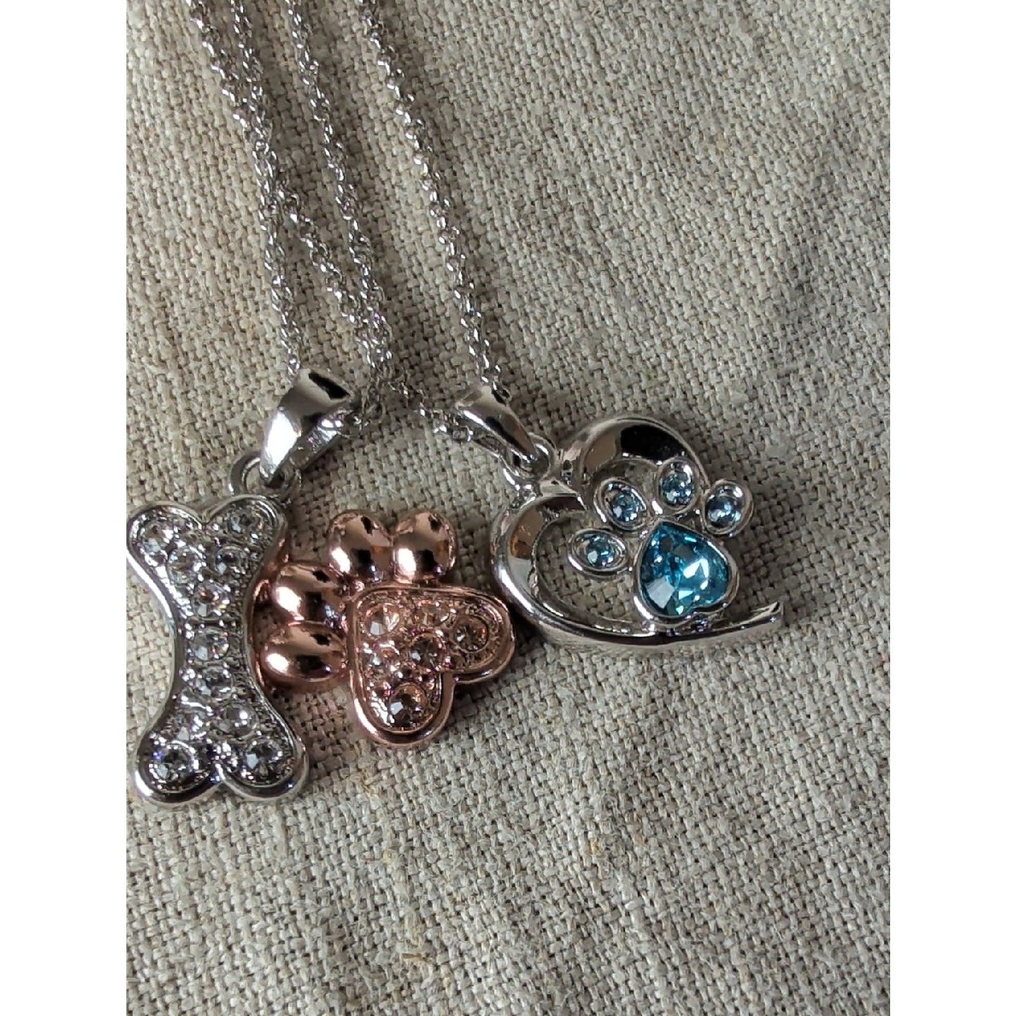 Two FAC Crystal Pet Lover Necklaces  Dog Bone, Paw Print & Heart Pendants