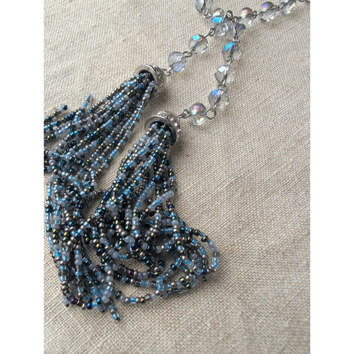 Beautiful Icy Blue AB Crystal Beaded Necklace Seed Bead Tassels 42"