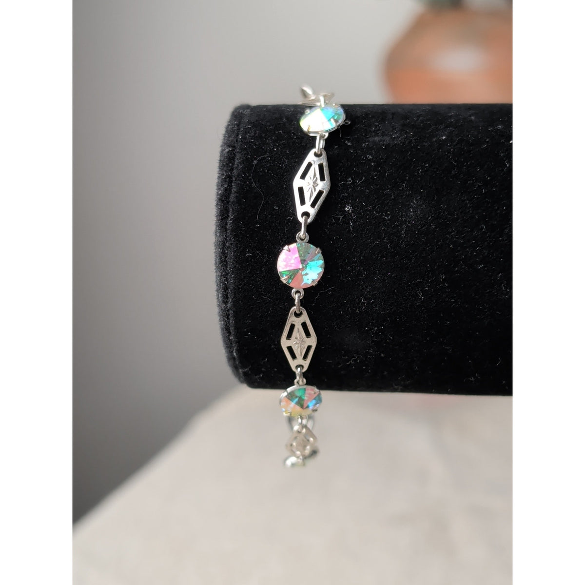 Vintage Mid-Century Sterling Silver Filigree Bracelet Aurora Borealis Crystals
