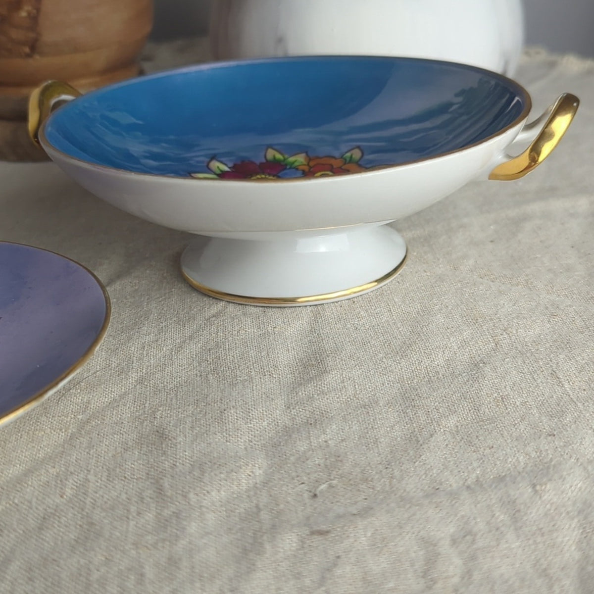 Vintage Noritake Hand Painted Dish Set Blue Floral Bowl & Handled Mini Platter